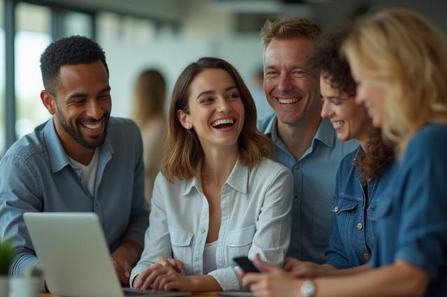 A diverse group of professionals smiling and collaborating in a modern, brightly lit office, symbolizing mental well-being in the workplace.