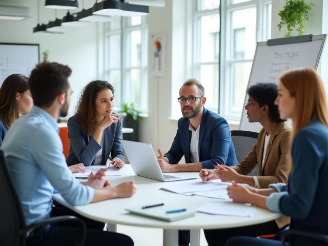 Group of diverse professionals collaborating in a bright, modern office space.